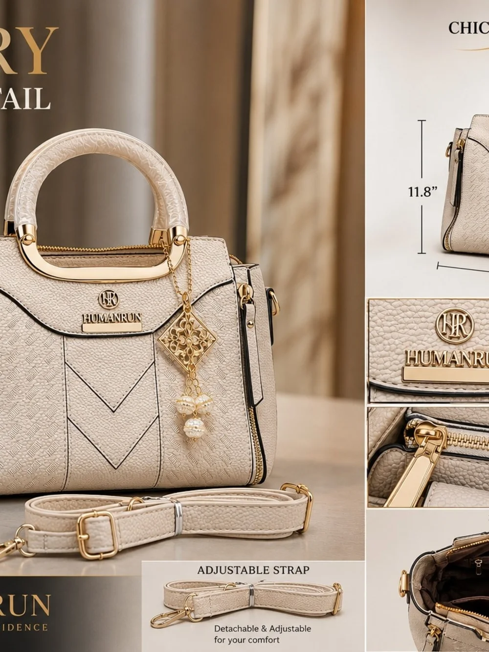 Cream Structured Satchel with Removable Strap